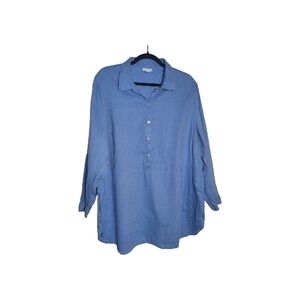J. Jill Love Linen Blue Tunic Top 2X Relaxed Fit 100% Linen Lightweight Blouse